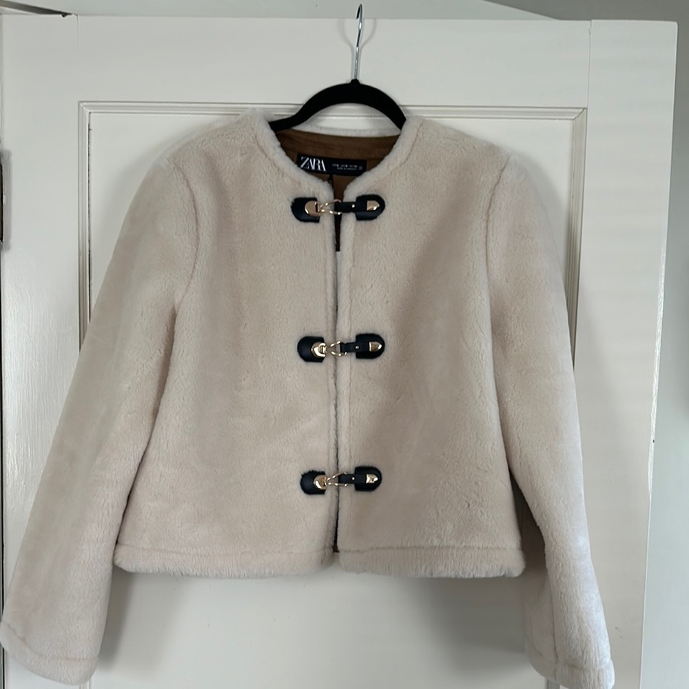 Zara Cream Teddy Jacket with High Neckline and Toggle Closures